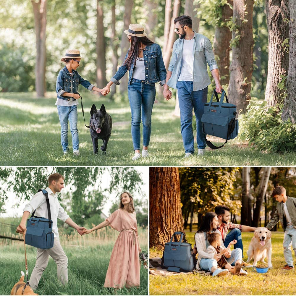 Collage of a family with a dog walking in a park, using a blue bag.