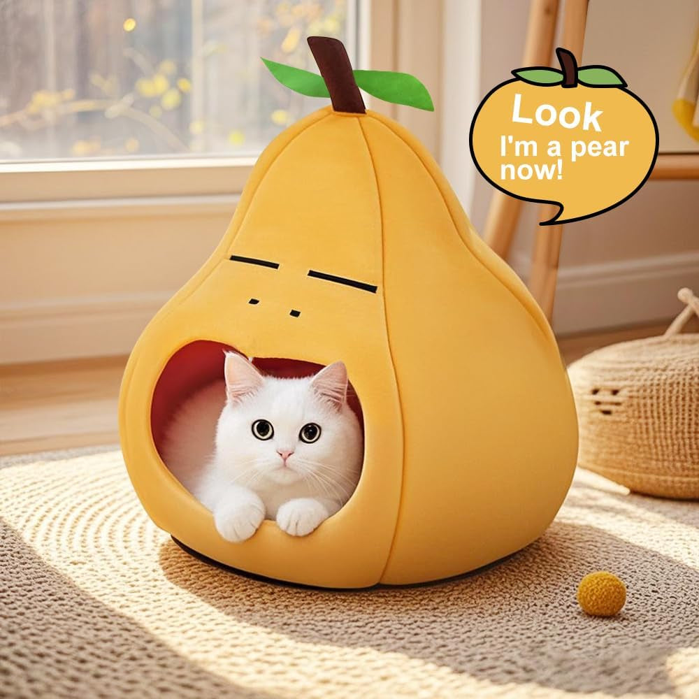 The Purrfect Pear Hideaway - Cute Cat Beds for Indoor Cats -Soft Washable Pet Bed - Funny Pear Cat Cave