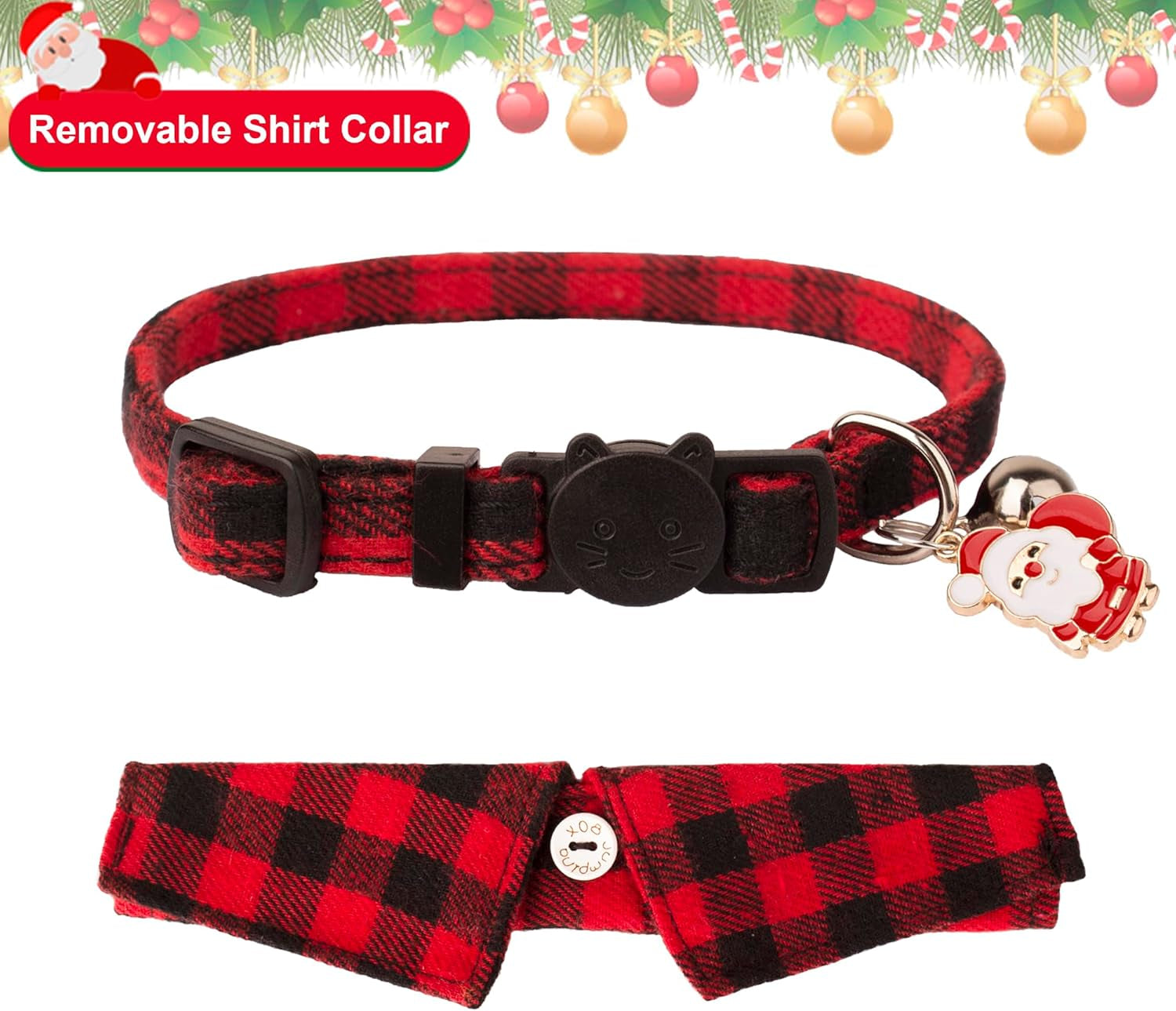 Christmas Cat Collars Breakaway with Bow Tie Bell, 2 Pack Red Green Plaid Xmas Collar with Removable Shirt Collar, Plaid Christmas Collars for Cats and Kittens
