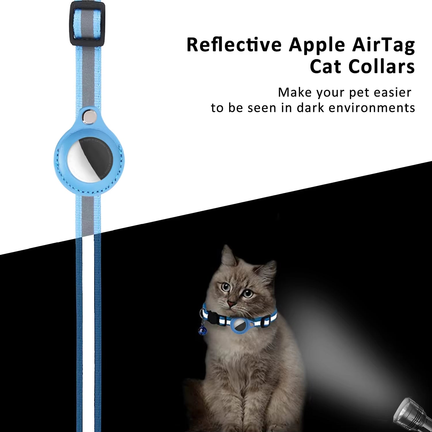 Reflective Apple AirTag cat collar with a cat wearing it, set against a black and white background.