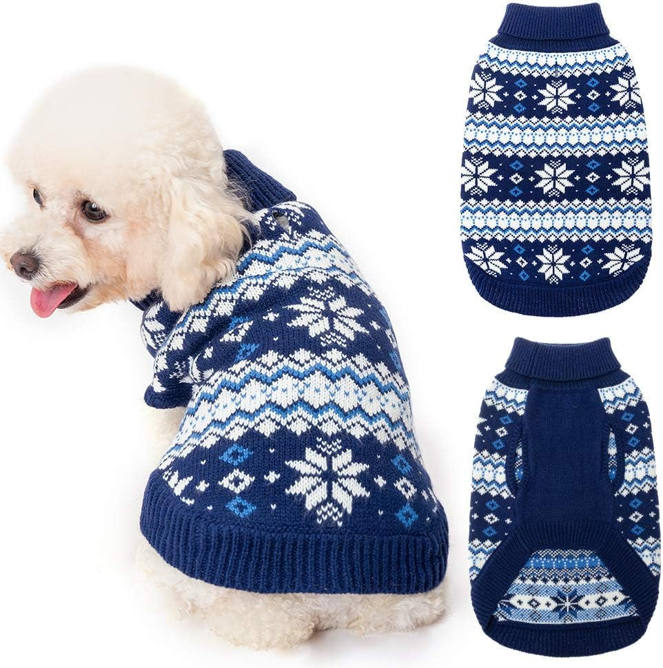 Cable Knit Dog Sweater Turtleneck, Cold Weather Pullover Classic Knitwear, Snowflake Pattern Thick Warm Winter Pet Clothes, Dog Christmas Sweater for Small Medium Large Dogs Cats,Navy Blue SM