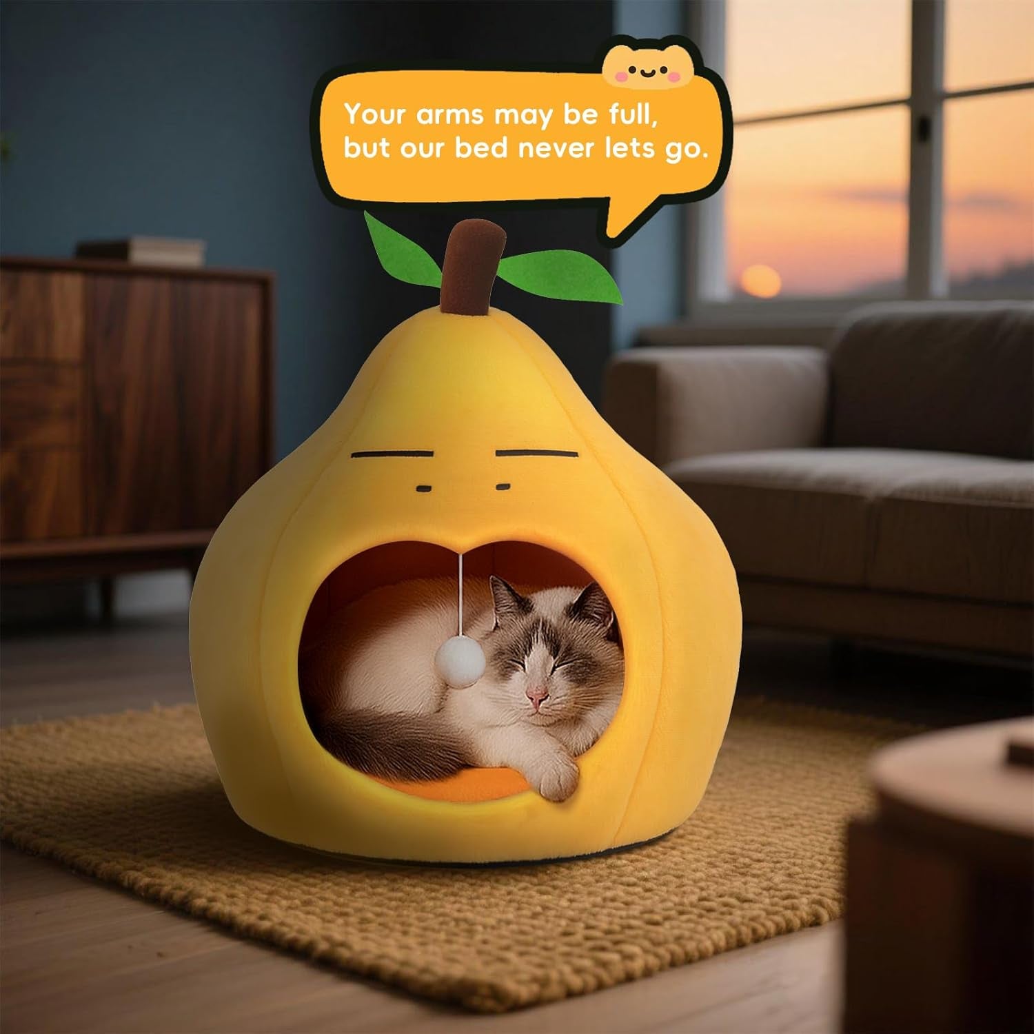 The Purrfect Pear Hideaway - Cute Cat Beds for Indoor Cats -Soft Washable Pet Bed - Funny Pear Cat Cave