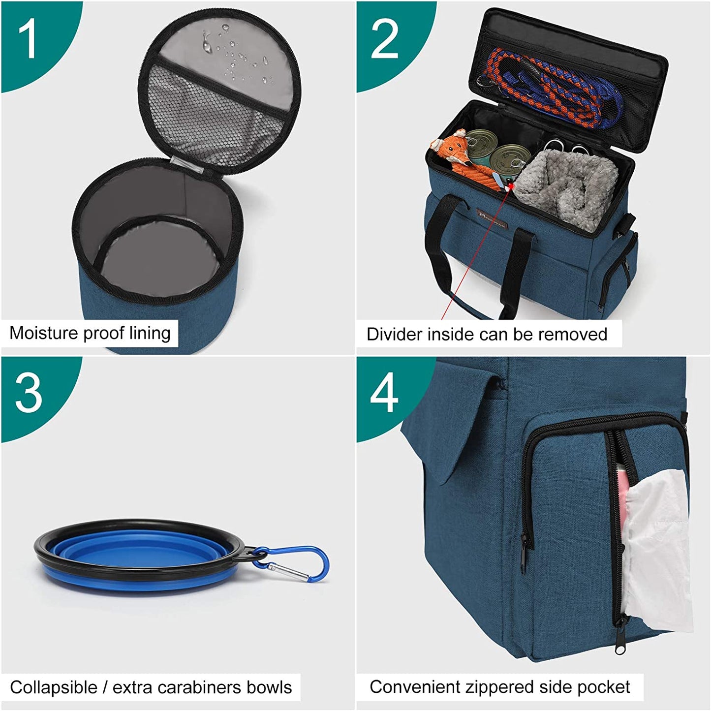 Complete pet travel kit with airline approved bag food containers and collapsible bowls