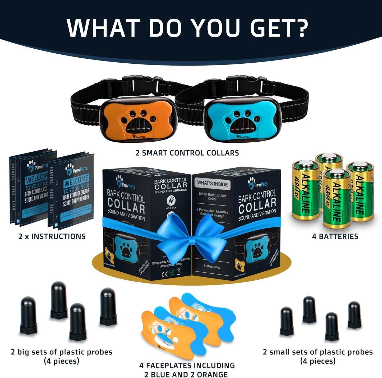 Anti Bark Collar - No Shock Training Dog Collar - Humane with Vibration and Sound Barking Collar for Small Medium Large Dogs 5-100Lbs - 2 Pack Blue Orange (Battery)