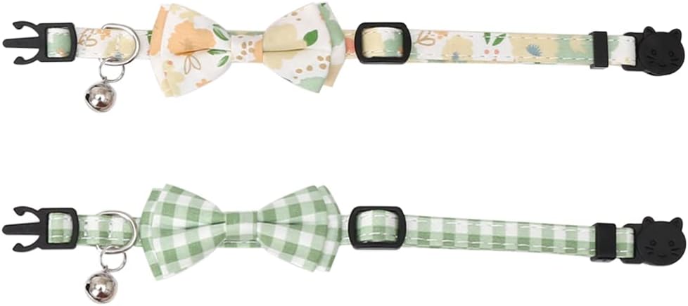 2 Pack/Set Cat Collar Breakaway with Cute Bow Tie and Bell Plaid Flower for Kitty Adjustable Safety