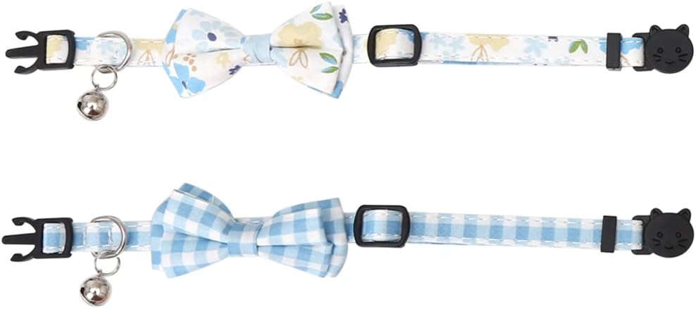 2 Pack/Set Cat Collar Breakaway with Cute Bow Tie and Bell Plaid Flower for Kitty Adjustable Safety