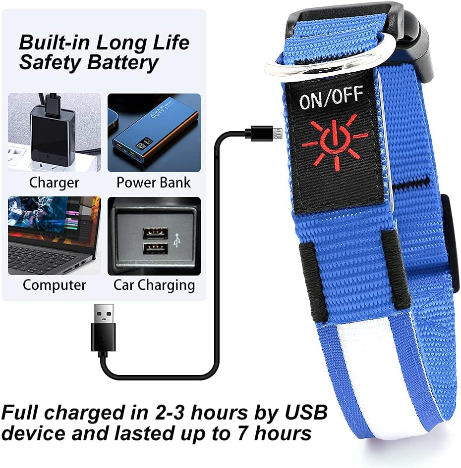 Blue charging belt with USB cable, text about battery life and charging methods.