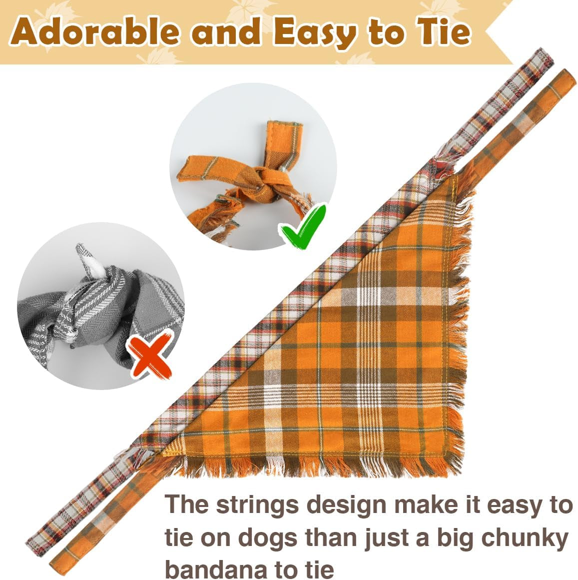 Fall Dog Bandanas 2 Pack, Autumn Thanksgiving Dog Bandana XL, Orange Plaid Pet Scarf for Boy and Girl, Holiday Bandanas Triangle Bibs for Large X-Large Dogs