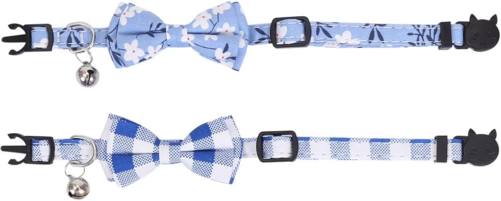 2 Pack/Set Cat Collar Breakaway with Cute Bow Tie and Bell Plaid Flower for Kitty Adjustable Safety