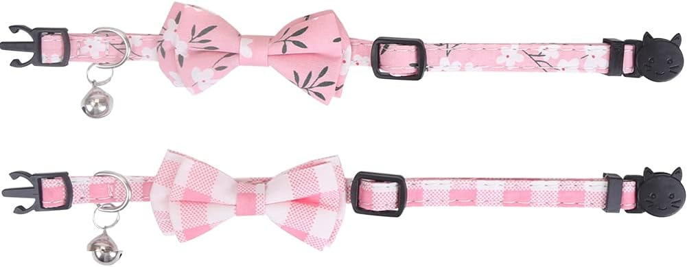 2 Pack/Set Cat Collar Breakaway with Cute Bow Tie and Bell Plaid Flower for Kitty Adjustable Safety