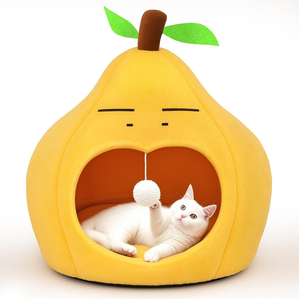 The Purrfect Pear Hideaway - Cute Cat Beds for Indoor Cats -Soft Washable Pet Bed - Funny Pear Cat Cave