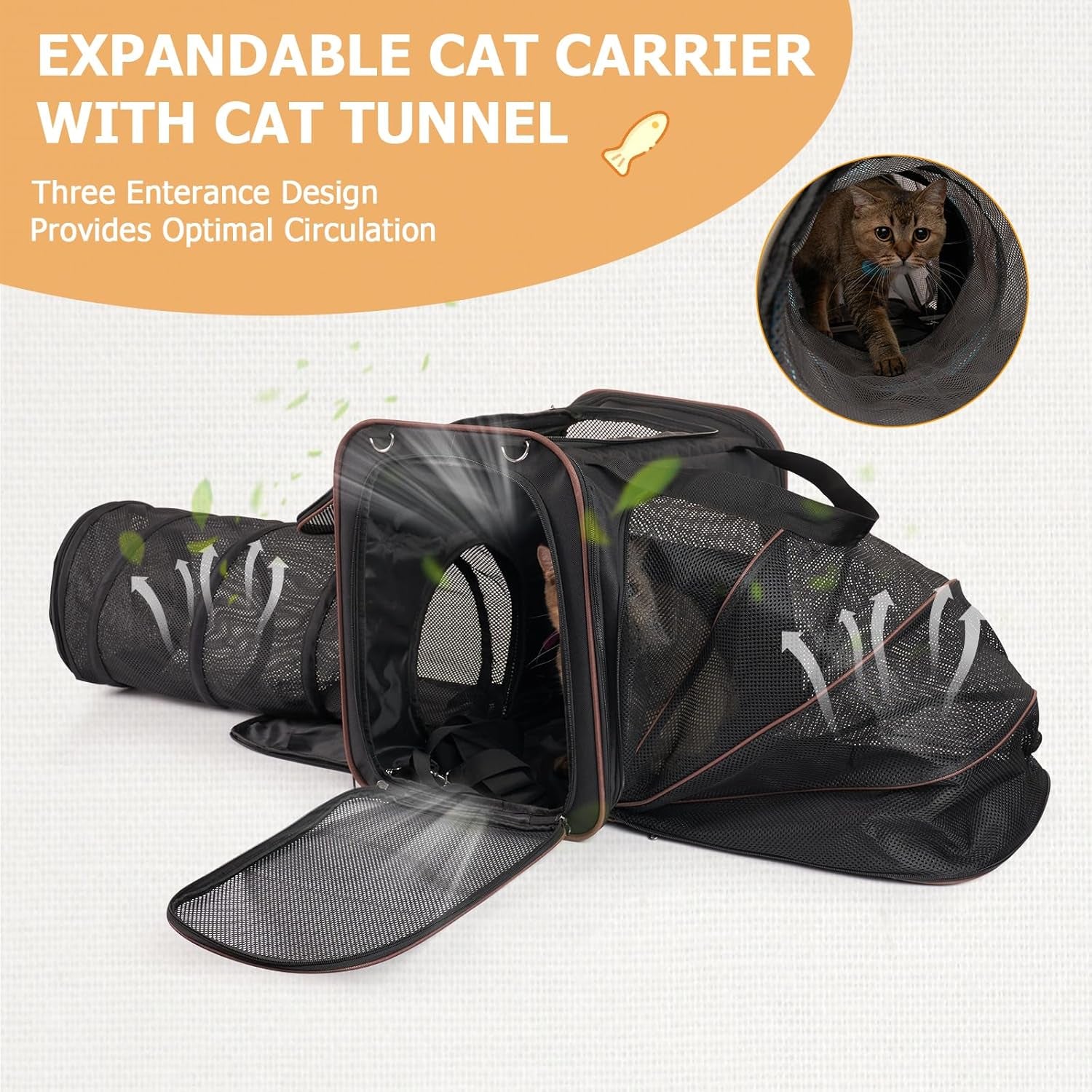 Cat Travel Carrier with Litter Box for Car, Expandable Cat Carrier with Pop Out Tunnel, Cat Carrier for Car Travel Long Distance, up to 20 Lb to Road Trip, Camping, Black