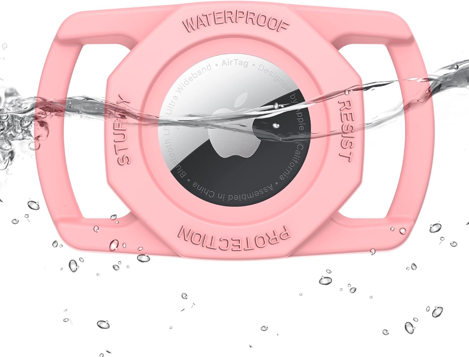 Pink AirTag case with water splashing around it, labeled 'Waterproof', 'Resist', and 'Protection'.
