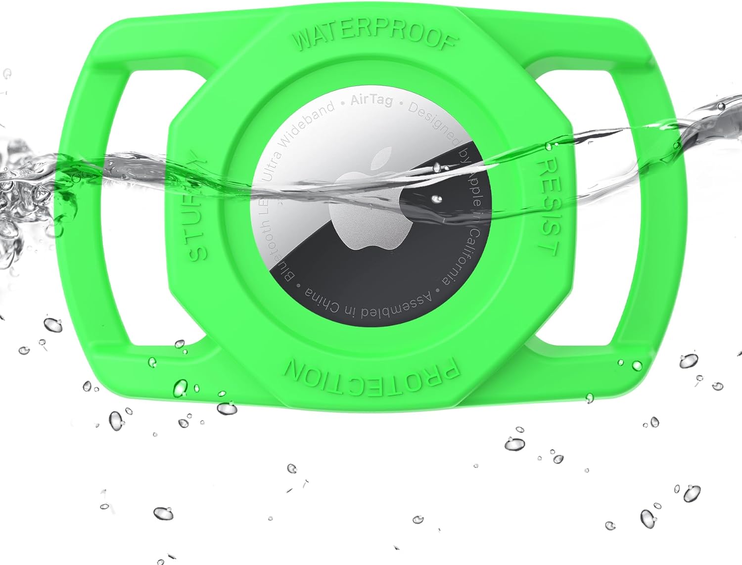 Green waterproof protective AirTag case device with water splashing around it