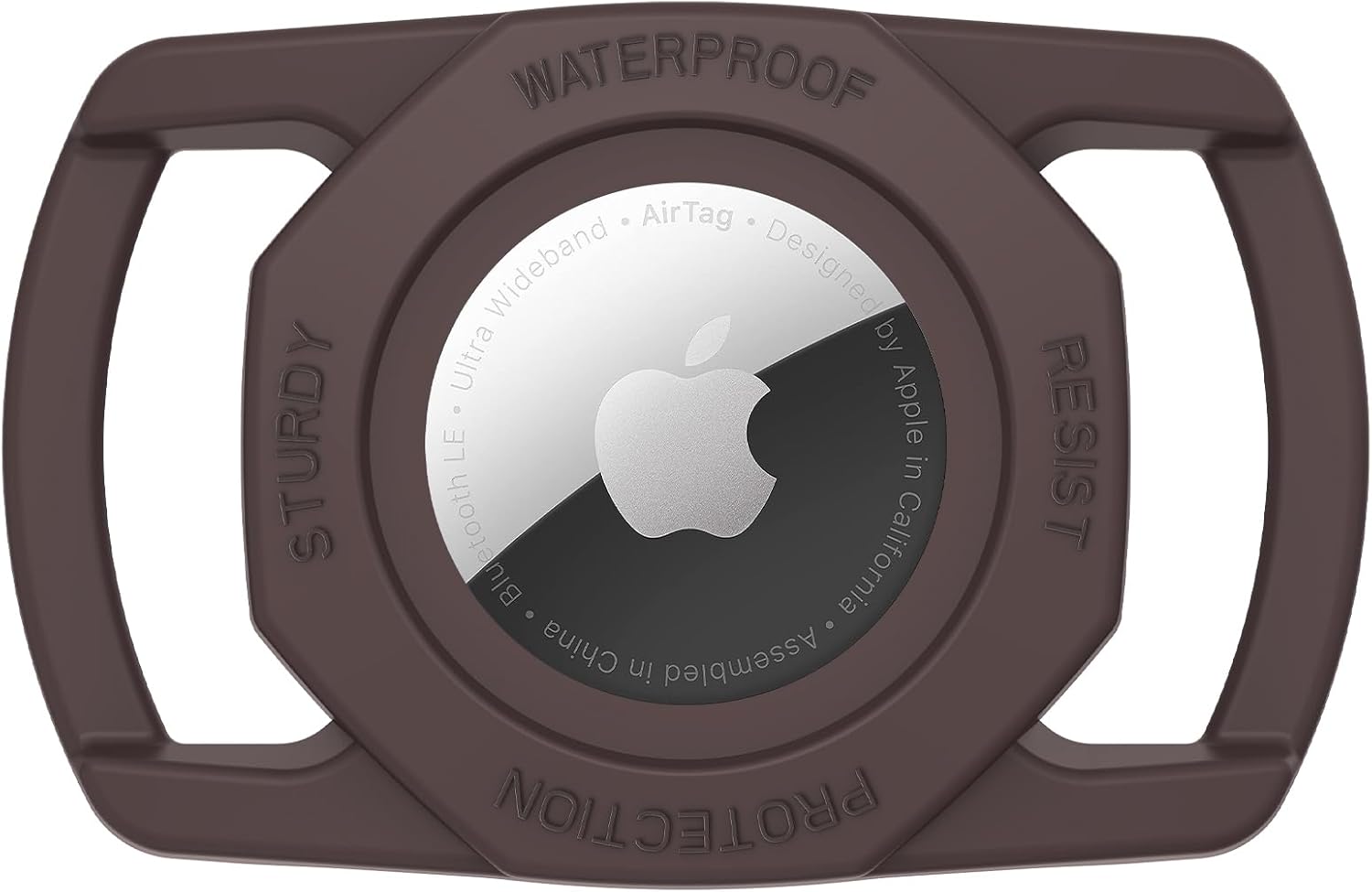 Brown protective AirTag case with Apple logo on a white background