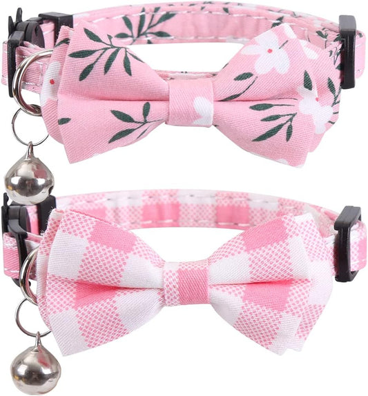 2 Pack/Set Cat Collar Breakaway with Cute Bow Tie and Bell Plaid Flower for Kitty Adjustable Safety