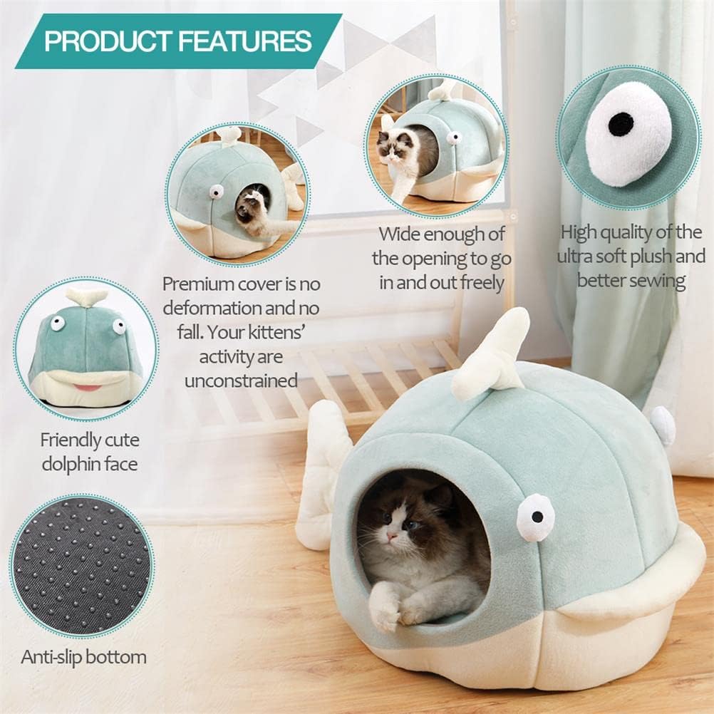 The Dolph-Inn Dream Cave- Cat Beds for Indoor Cats - Cat Bed Cave with Removable Washable Cushioned Pillow, Calming Cozy Soft Dolphin Cat Cave