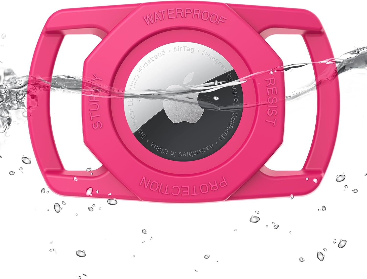 Rose Red waterproof AirTag case with water splashing around it