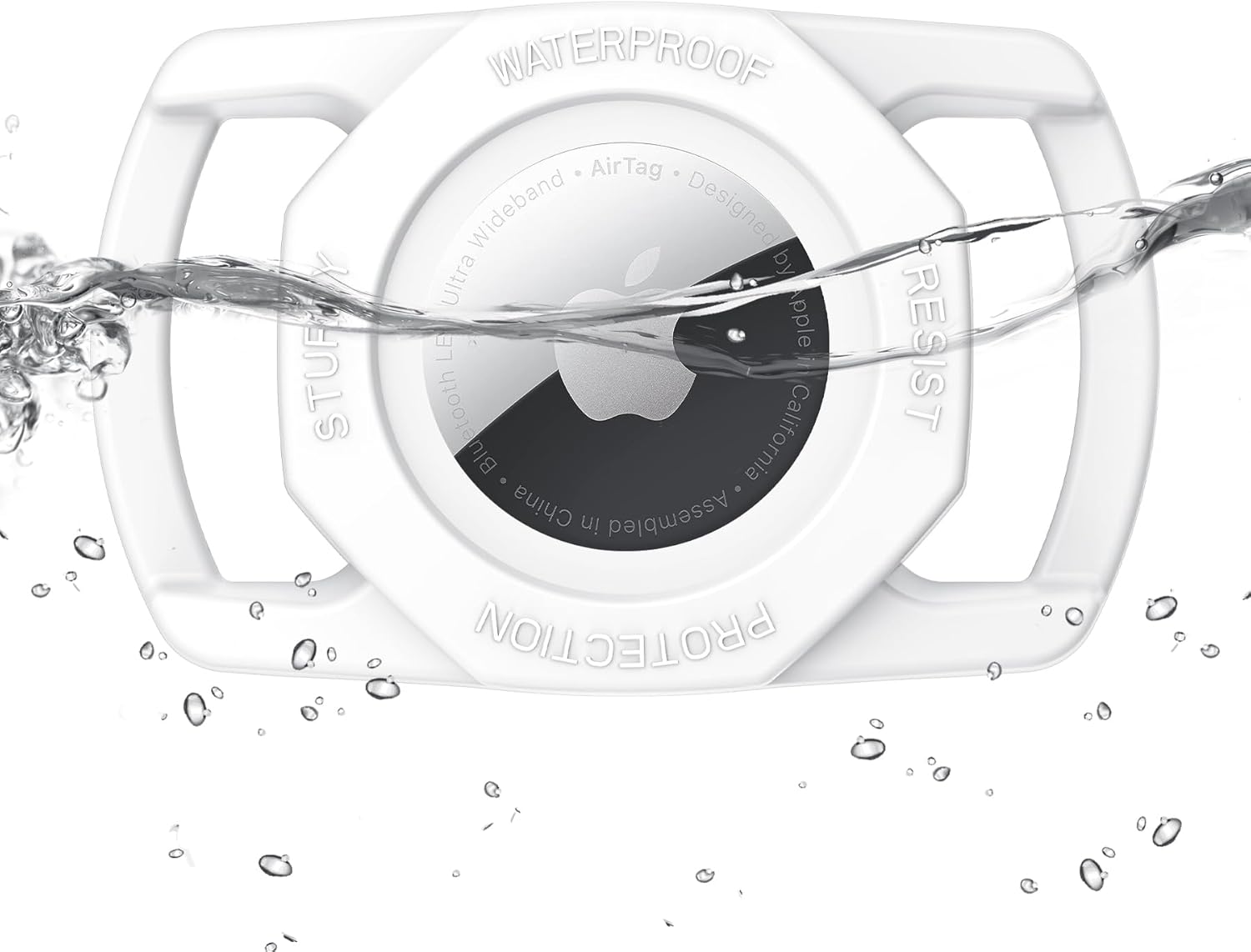 White Waterproof AirTag case with water splashing around it on a white background
