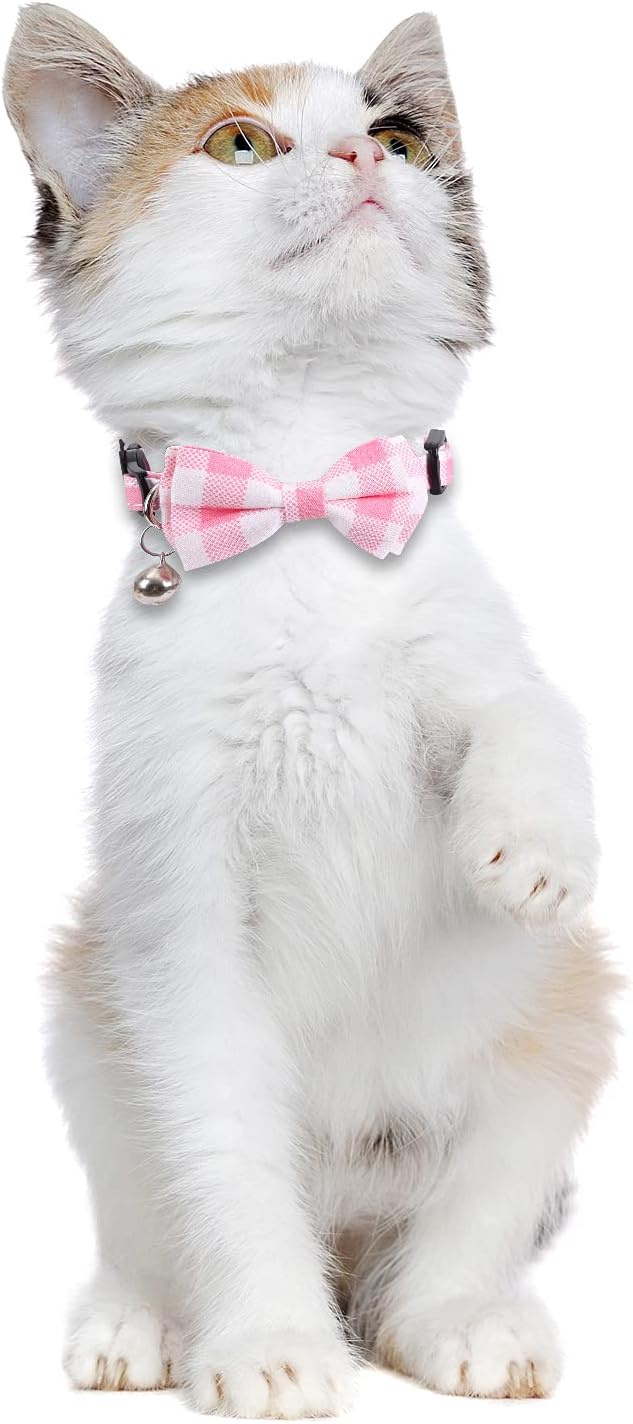 2 Pack/Set Cat Collar Breakaway with Cute Bow Tie and Bell Plaid Flower for Kitty Adjustable Safety