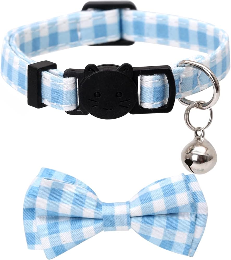 2 Pack/Set Cat Collar Breakaway with Cute Bow Tie and Bell Plaid Flower for Kitty Adjustable Safety
