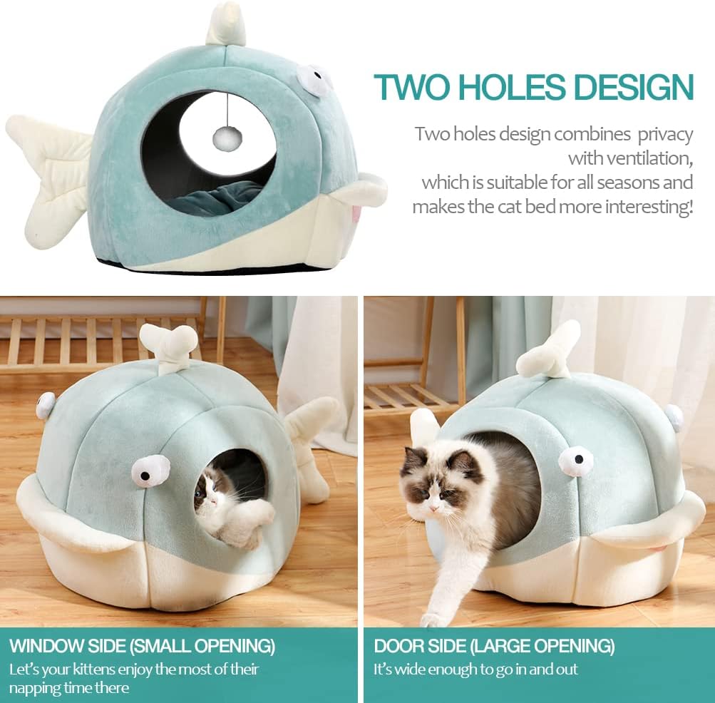 The Dolph-Inn Dream Cave- Cat Beds for Indoor Cats - Cat Bed Cave with Removable Washable Cushioned Pillow, Calming Cozy Soft Dolphin Cat Cave