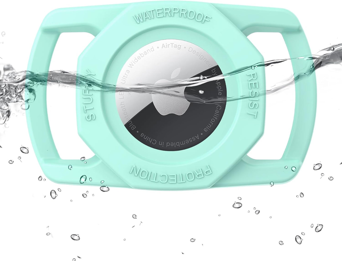 Turquoise AirTag case with 'Waterproof' text being submerged in water