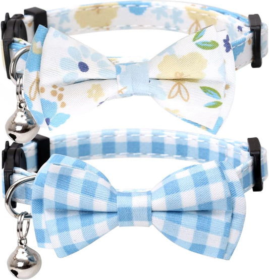 2 Pack/Set Cat Collar Breakaway with Cute Bow Tie and Bell Plaid Flower for Kitty Adjustable Safety