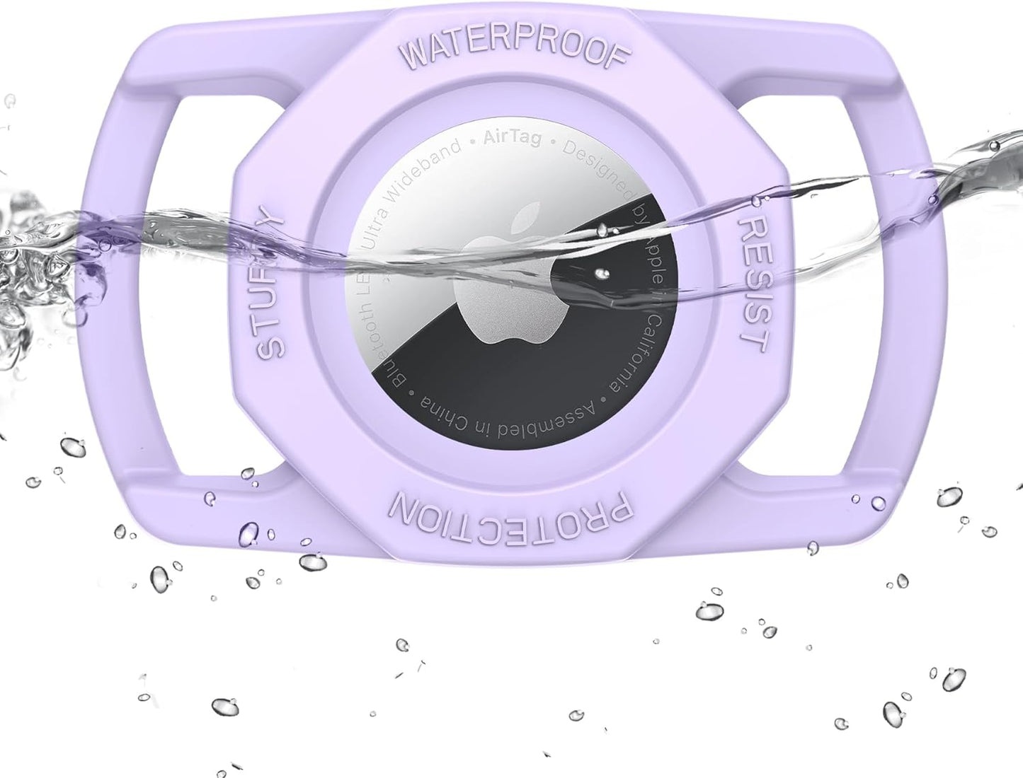 Light Purple AirTag case with water splashing around it, labeled 'Waterproof' and 'Protection'.