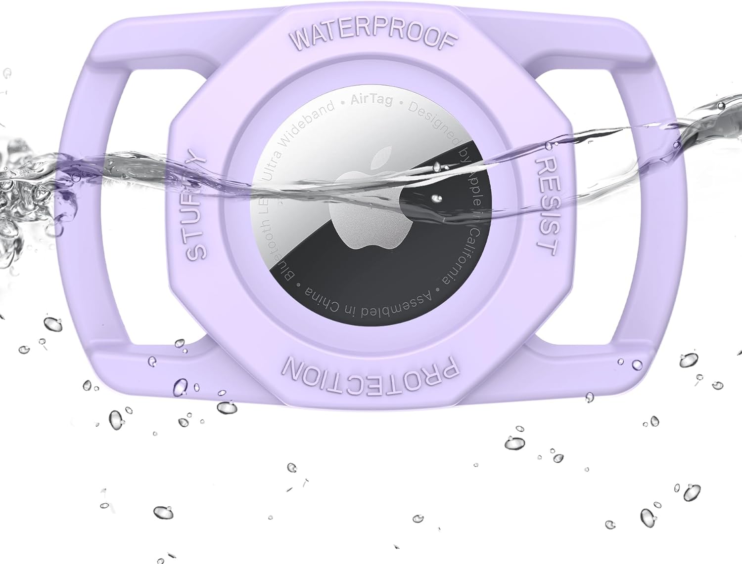 Light Purple AirTag  case with water splashing around it, labeled 'Waterproof' and 'Protection'.