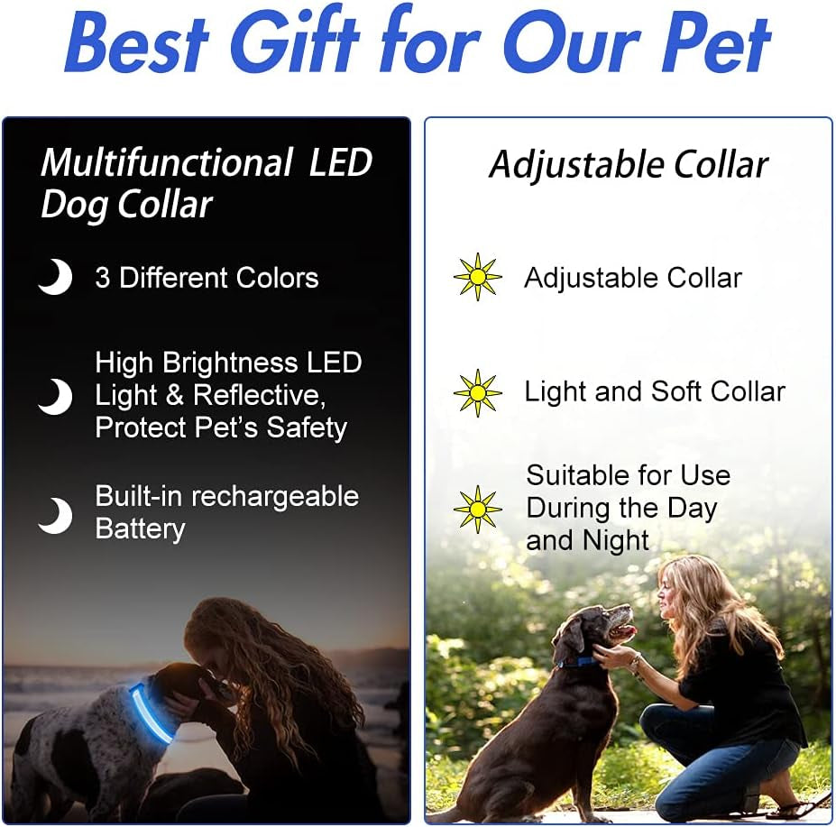 Multifunctional LED dog collar with adjustable collar features and images of a dog wearing the collar.
