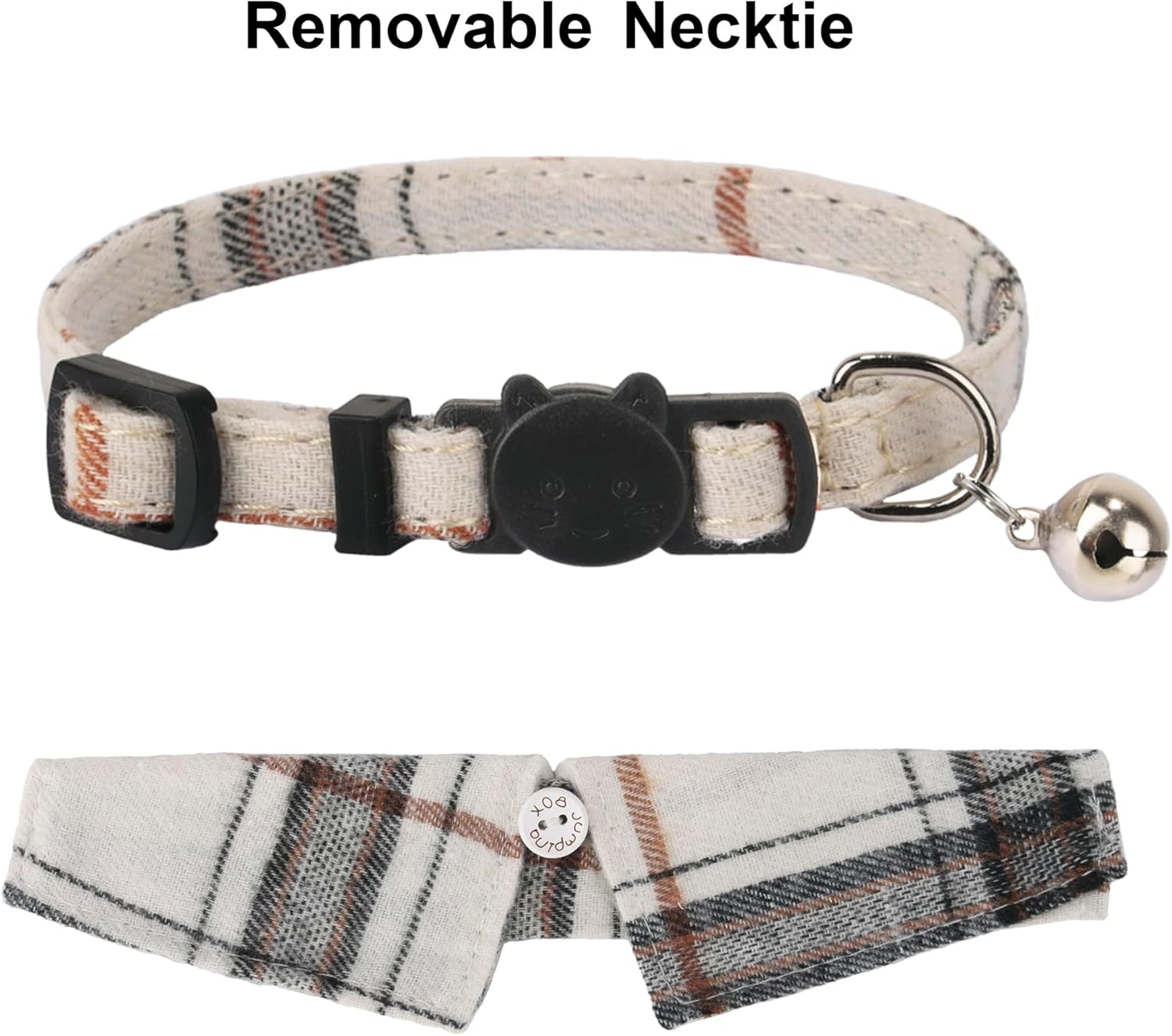 Cat Collar Breakaway with Bowtie Bell, Removable Shirt Collar, 2 Pack Beige Blue Plaid Collars for Cats and Kittens