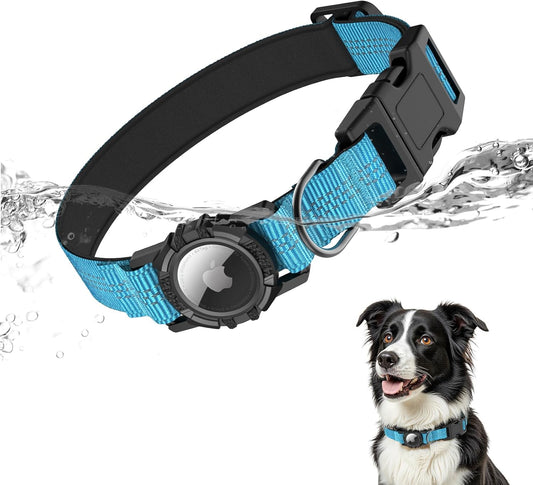 Blue and black dog collar with water splashes on a white background