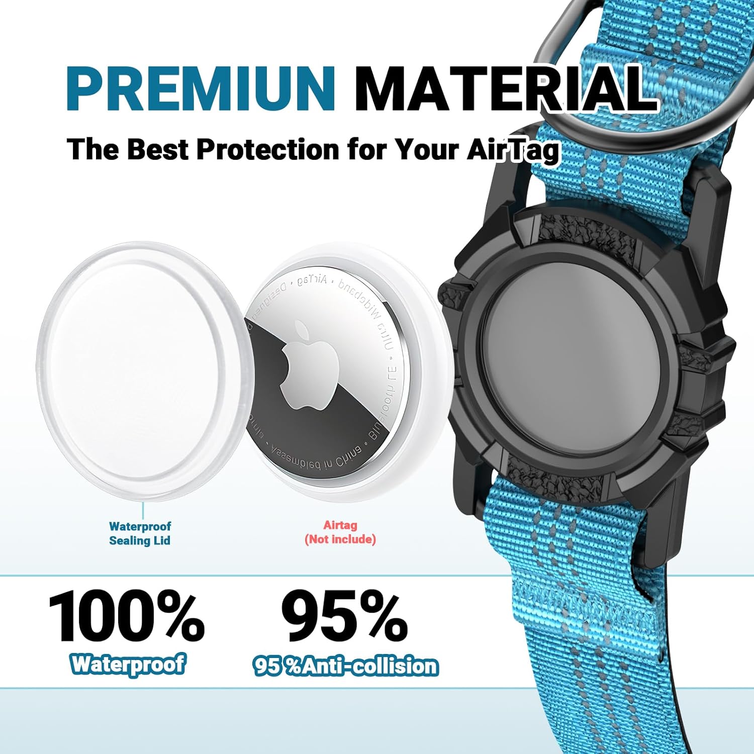 Product packaging with a blue strap, waterproof sealing lid, and text about protection for AirTag.