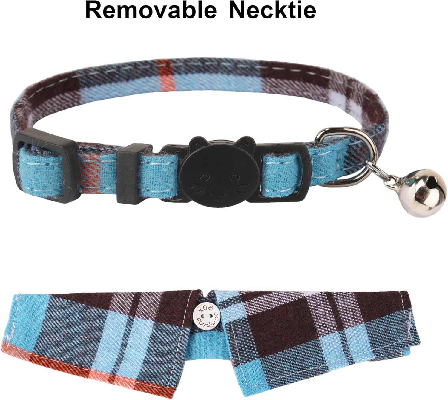 Cat Collar Breakaway with Bowtie Bell, Removable Shirt Collar, 2 Pack Beige Blue Plaid Collars for Cats and Kittens