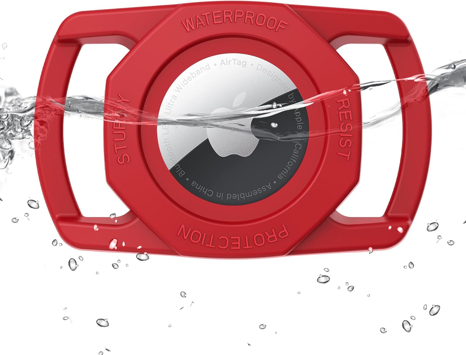 Red waterproof AirTag case with water splashing around it on a white background