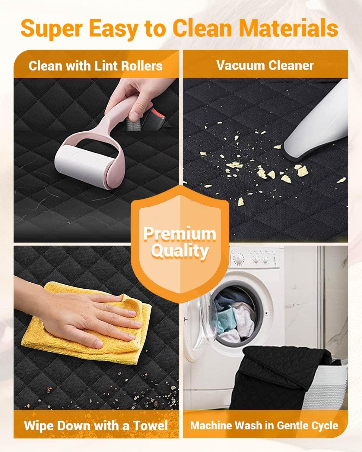 Collage showing methods to clean materials with lint rollers, vacuum cleaner, towel, and washing machine.