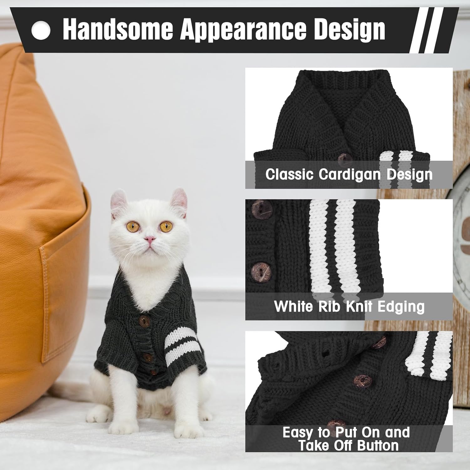 Cat Sweater for Cold Weather - Stylish Knitted Sweatshirt with Sleeves, Winter Kitten Clothes for All Different Cats (Small, Black)