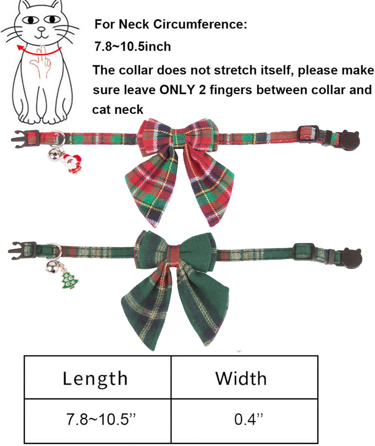 Christmas Cat Collars Breakaway with Removable Bow Tie, 2 Pack Red Green Plaid Christmas Collar for Cats and Kittens