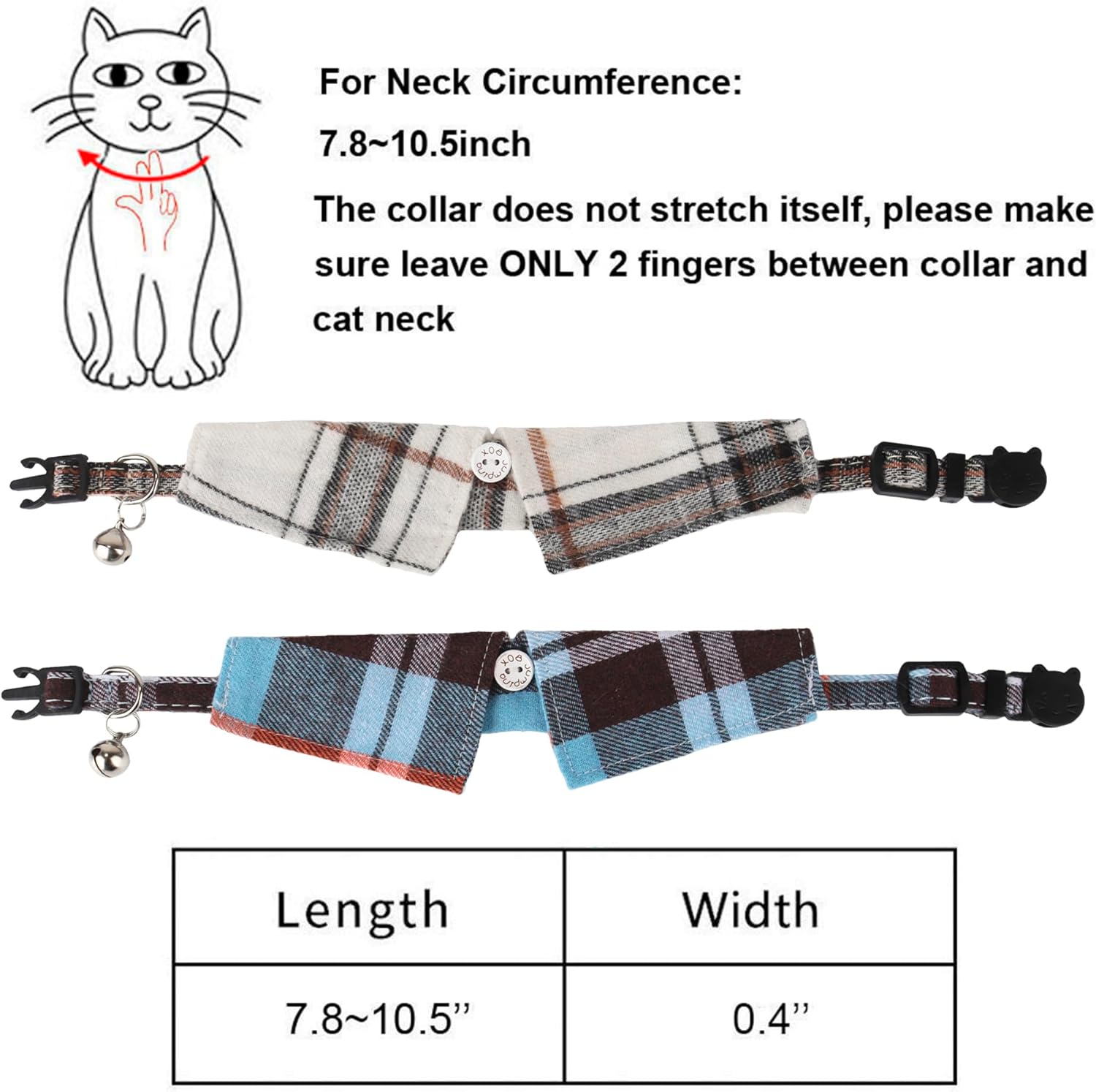 Cat Collar Breakaway with Bowtie Bell, Removable Shirt Collar, 2 Pack Beige Blue Plaid Collars for Cats and Kittens