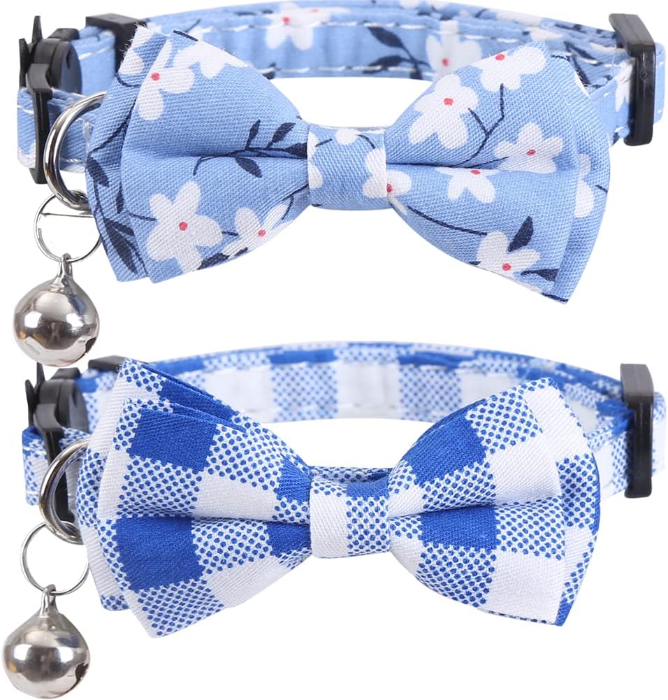 2 Pack/Set Cat Collar Breakaway with Cute Bow Tie and Bell Plaid Flower for Kitty Adjustable Safety