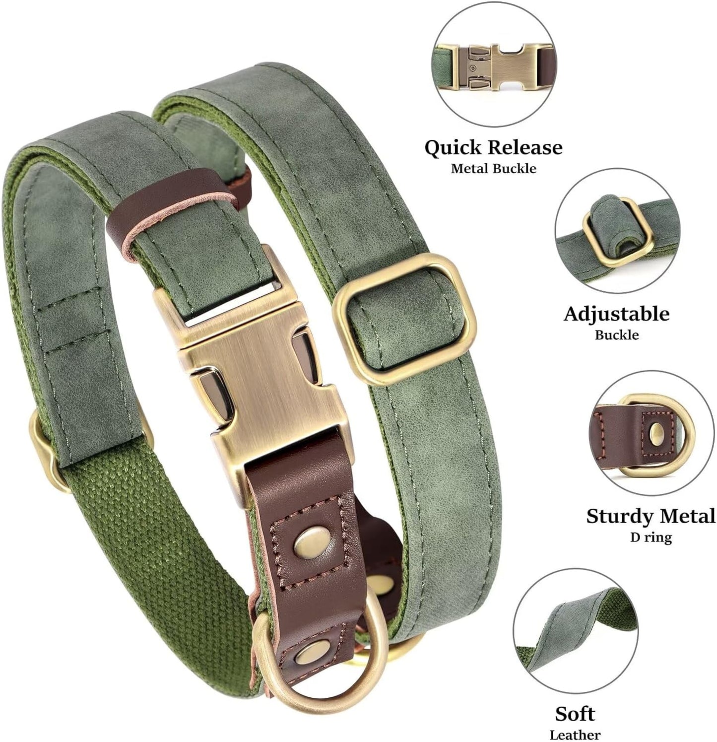 Green dog collar with metal buckle and leather accents, featuring quick release, adjustable, and sturdy design elements.