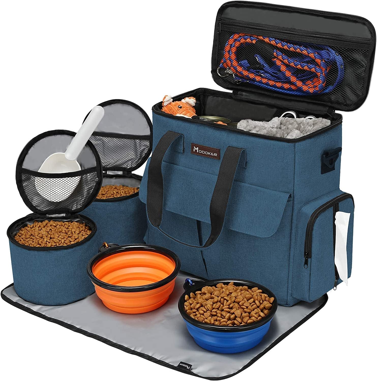 Complete pet travel kit with airline approved bag food containers and collapsible bowls
