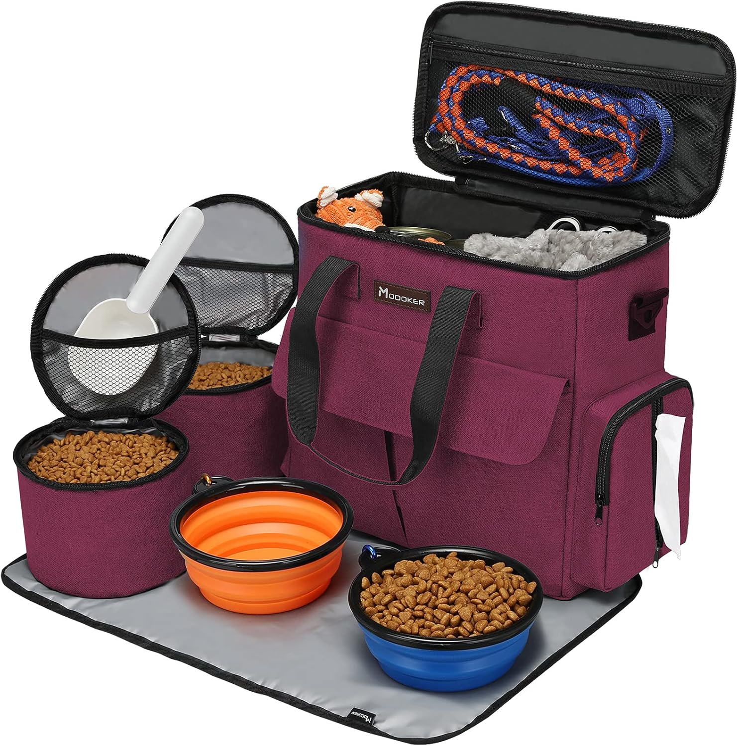 Complete pet travel kit with airline approved bag food containers and collapsible bowls in rose red