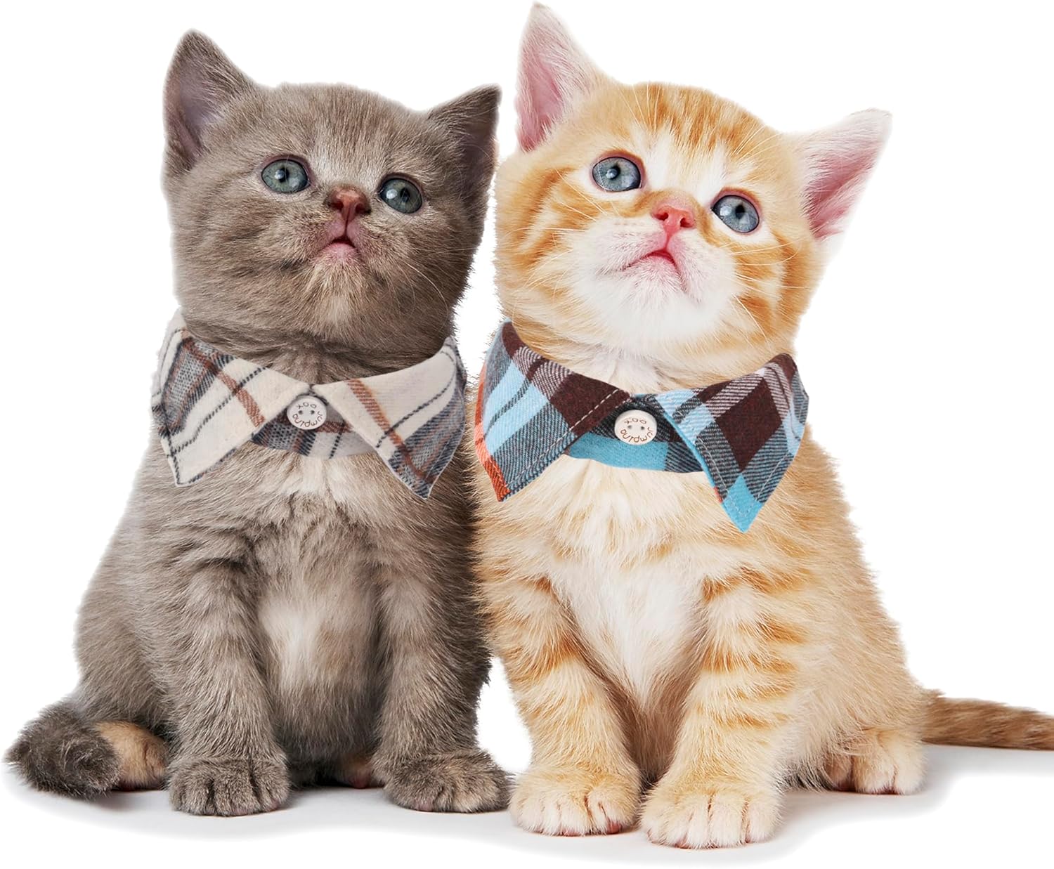 Cat Collar Breakaway with Bowtie Bell, Removable Shirt Collar, 2 Pack Beige Blue Plaid Collars for Cats and Kittens