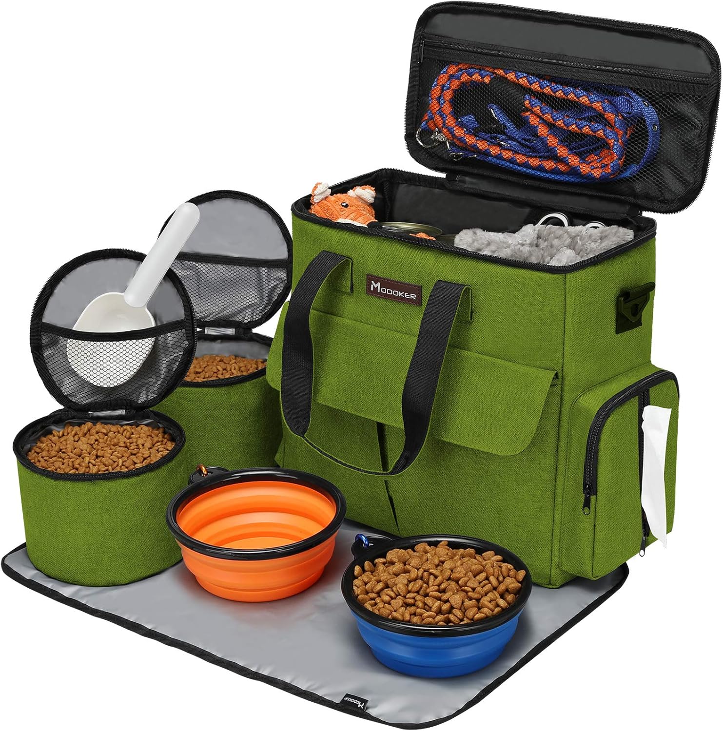 Complete pet travel kit with airline approved bag food containers and collapsible bowls in green
