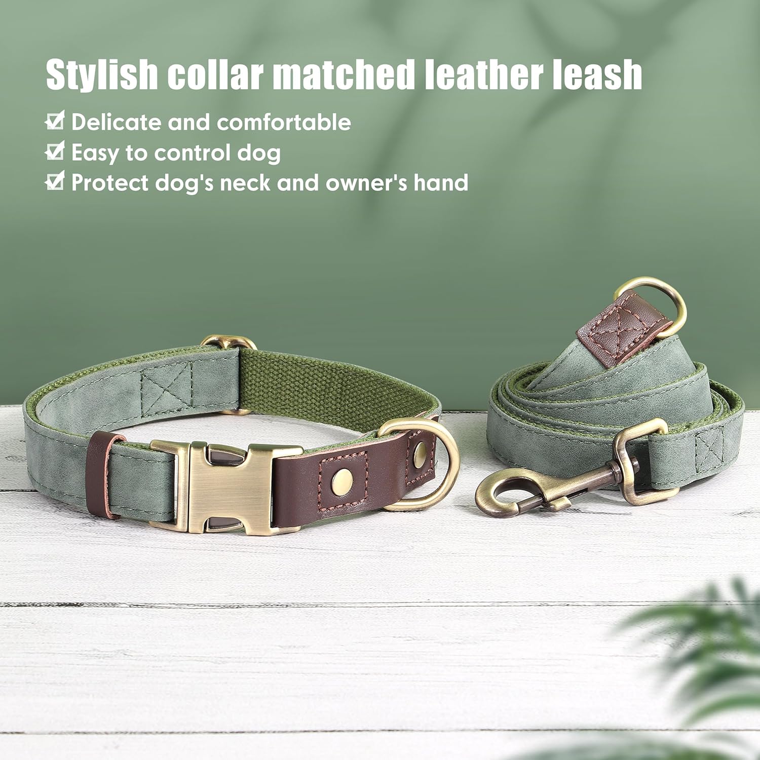 Green dog collar and leash set on a white surface with a green background