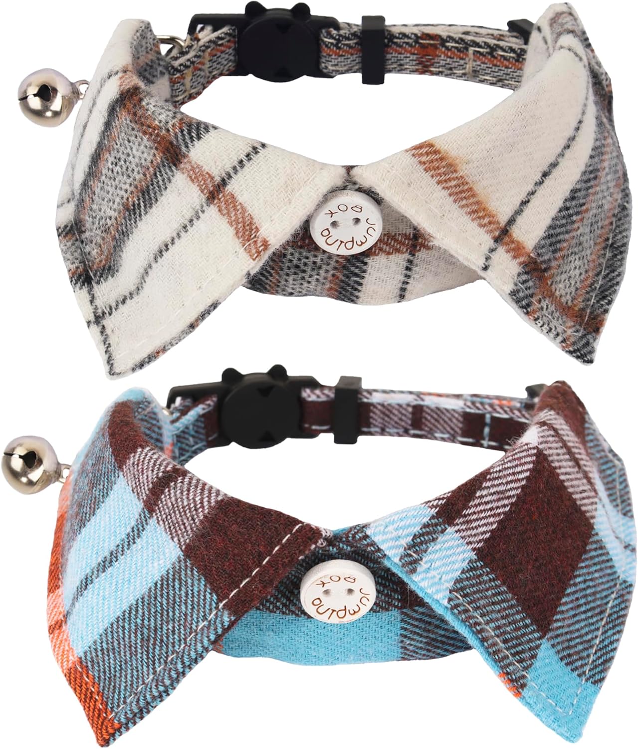 Cat Collar Breakaway with Bowtie Bell, Removable Shirt Collar, 2 Pack Beige Blue Plaid Collars for Cats and Kittens