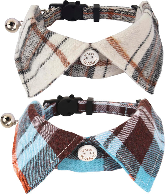 Cat Collar Breakaway with Bowtie Bell, Removable Shirt Collar, 2 Pack Beige Blue Plaid Collars for Cats and Kittens