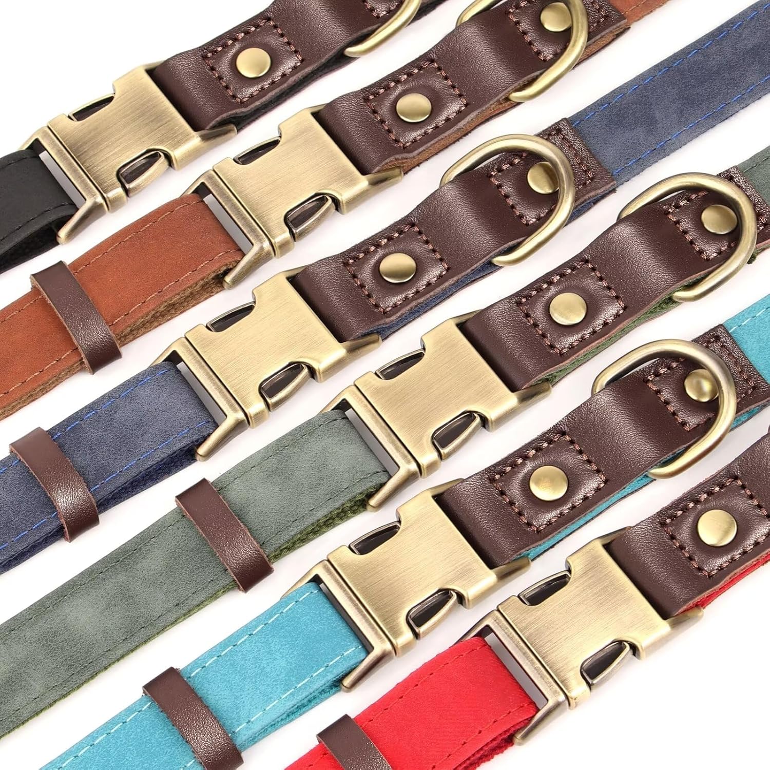 Collection of colorful dog collars with brass buckles on a white background